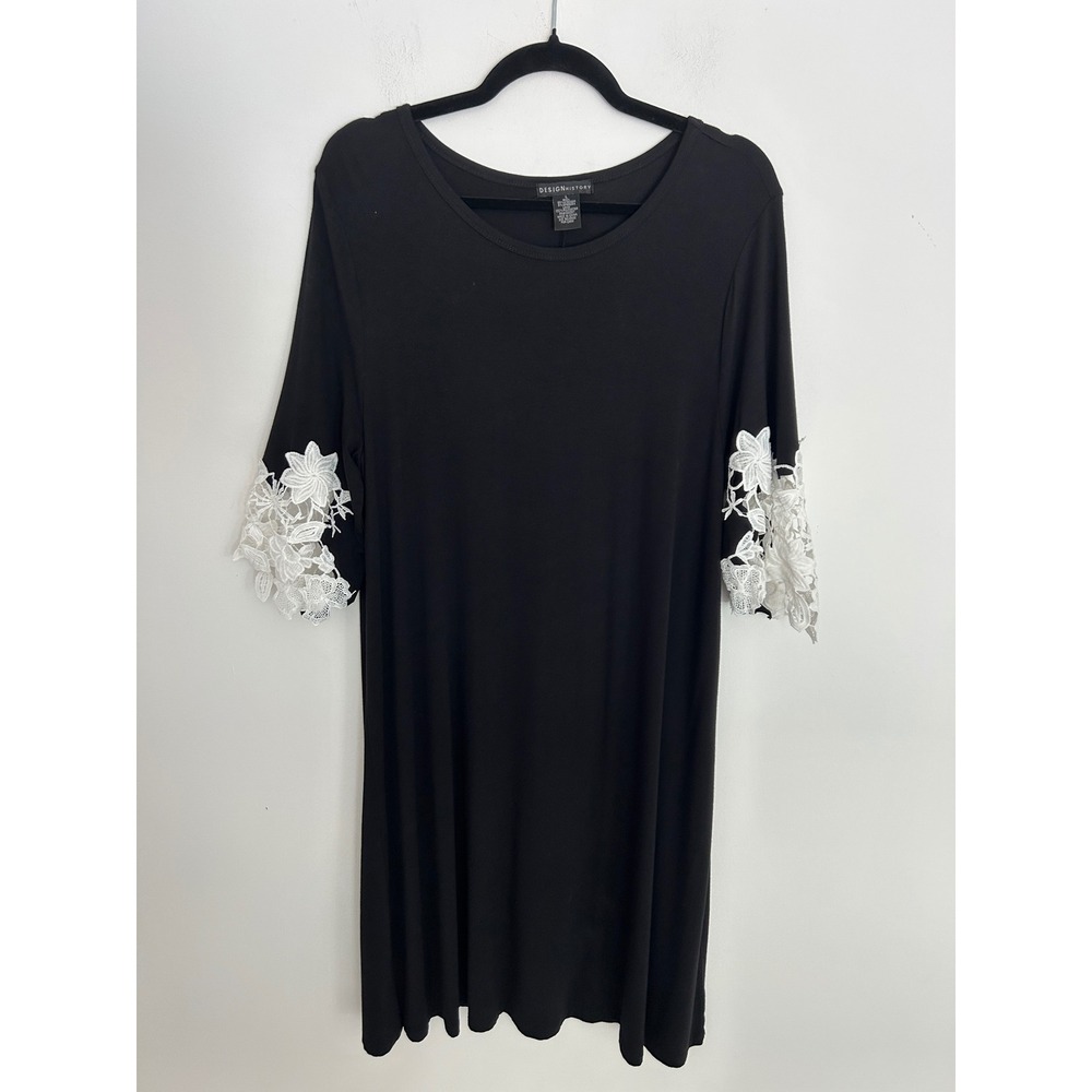 Design History Black Lace Sleeve Shift Dress Womens Large Floral Crochet Knit L